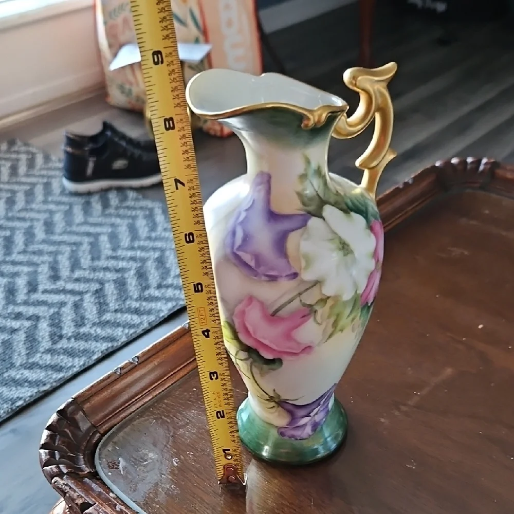 Helen Hale Gorgeous Vintage Hand Painted Floral Ceramic Vase with Gold Handle